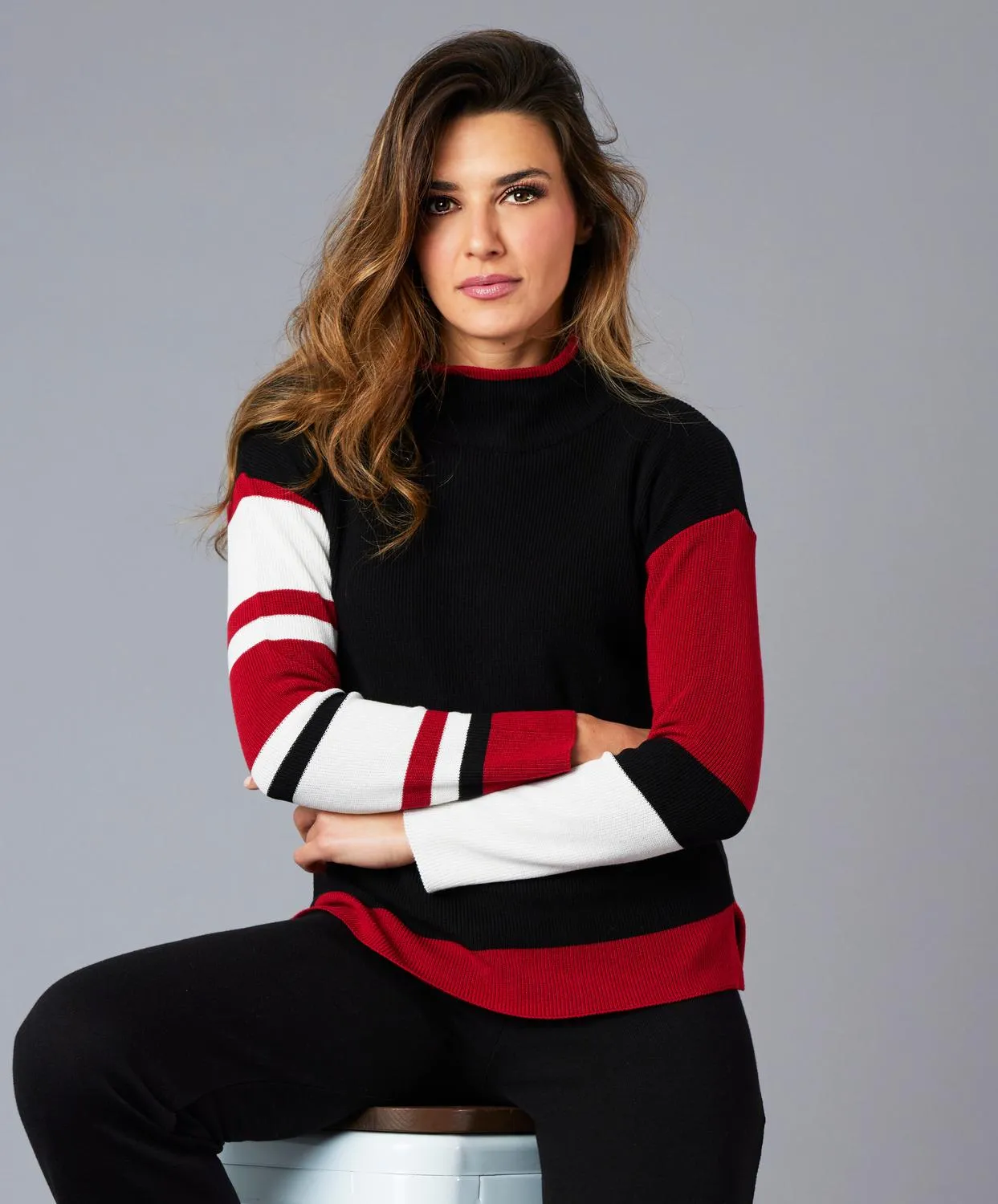 Angel Apparel - Stripe Sleeve Mock Neck Sweater