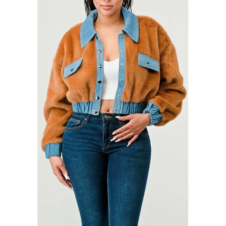 CASUAL DENIM CONTRAST FUR CROP JACKET