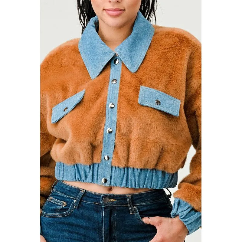 CASUAL DENIM CONTRAST FUR CROP JACKET