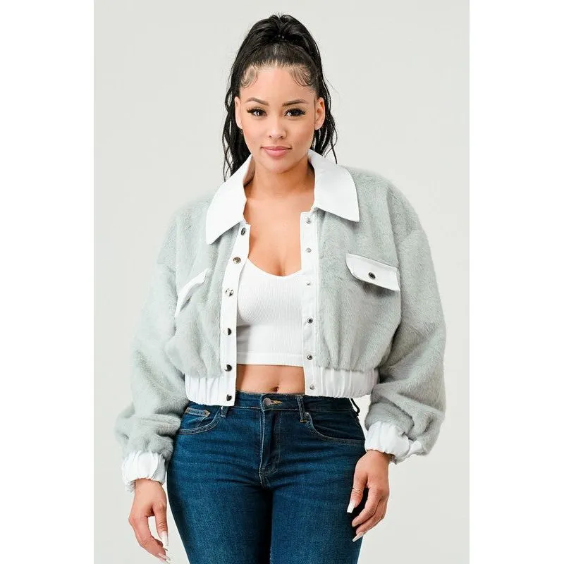 CASUAL DENIM CONTRAST FUR CROP JACKET