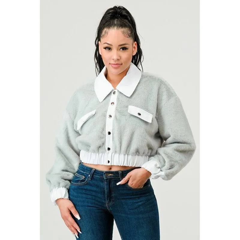 CASUAL DENIM CONTRAST FUR CROP JACKET