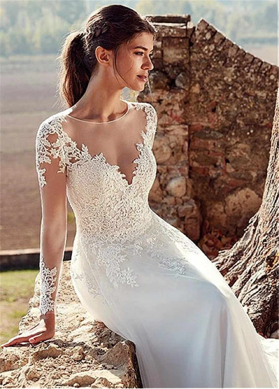 New Elegant A-Line Wedding Dresses Long Sleeves Gown