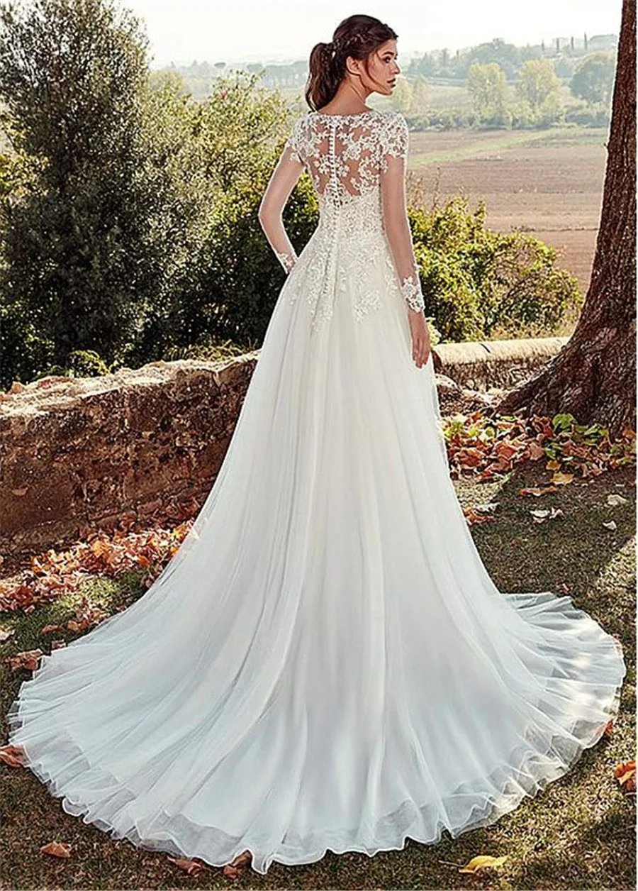 New Elegant A-Line Wedding Dresses Long Sleeves Gown